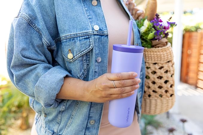 LifeStraw Go Series Tumbler – Double Wall Insulated Stainless Steel Water Filter, Thistle Purple, Designed for Everyday Use, Removes Bacteria, Parasites, Microplastics, and Improves Taste