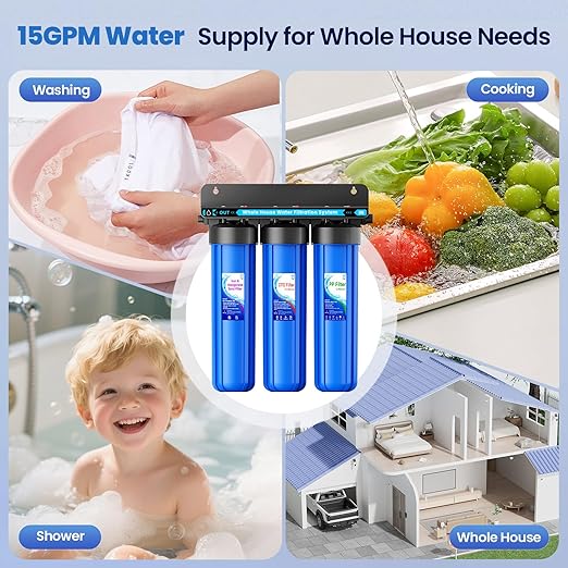 Whole House Water Filter System, 3-Stage Iron & Manganese Removal 20"x4.5" Filter, with Sediment Filter, Reduces Iron, Manganese, Chlorine, Odor, Sediment,1" NPT, 120,000 Gal Capacity