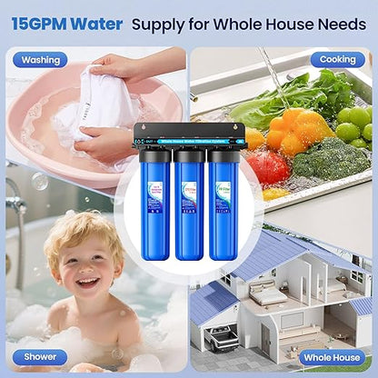 Whole House Water Filter System, 3-Stage Iron & Manganese Removal 20"x4.5" Filter, with Sediment Filter, Reduces Iron, Manganese, Chlorine, Odor, Sediment,1" NPT, 120,000 Gal Capacity