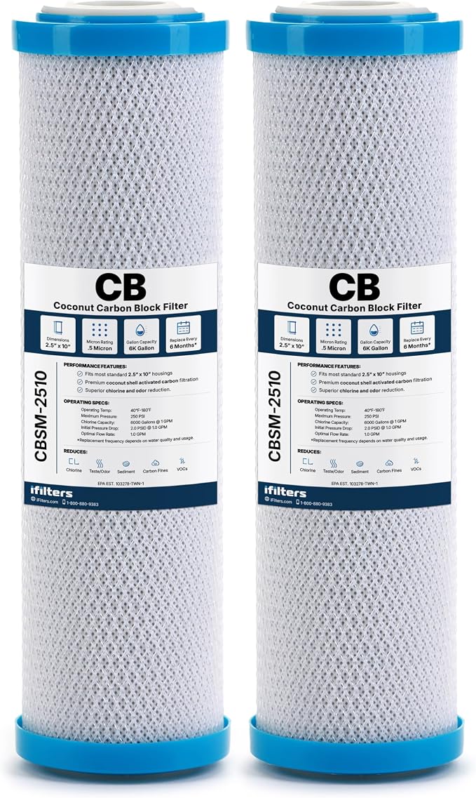 iFilters 0.5-Micron Carbon Block Water Filter – Coconut Shell CTO Drinking Water Filter Cartridge – 10-inch Replacement for Filtration Systems – 2.5" x 10" (2 Pack, Filter)