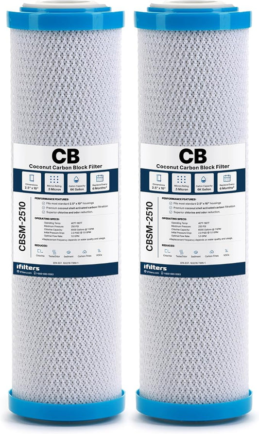 iFilters 0.5-Micron Carbon Block Water Filter – Coconut Shell CTO Drinking Water Filter Cartridge – 10-inch Replacement for Filtration Systems – 2.5" x 10" (2 Pack, Filter)