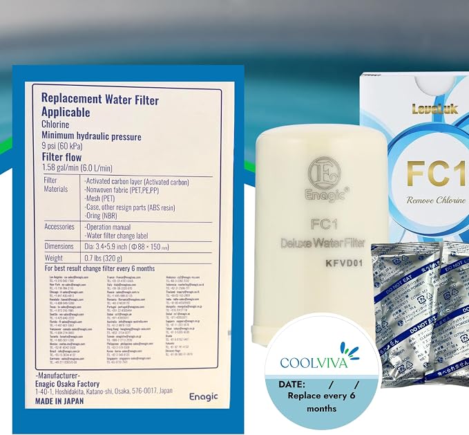 Water Filter Replacement Kit by COOLVIVA. FC1 Replaces Enagic Leveluk F8 and HG-N Filters on K8, SD501, JRIV Machine. Features One FC1 Water Filter, Two Cleaning Powders, and a Reminder