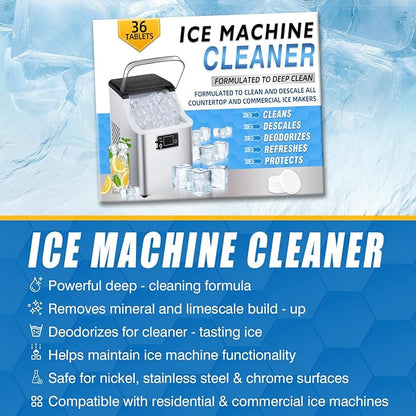 Ice Machine Cleaner Tablets, Countertop Ice Maker Cleaner, 36 Counts Descaler, Nickel Safe Commercial Portable Nugget Ice Makers, Remove Hard Water Buildup, Deep Cleaning