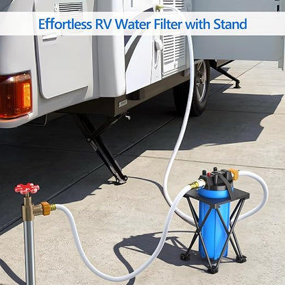 4-Layer RV Water Filter with Stand and 7,000 Gallons Capacity, 3/4" GHT Metal Threads Inline Water Filter, Removes Sediments, Chlorine, PFAS, PFOS, VOCs, Heavy Metals, Bad Taste, Odor