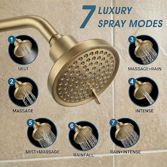 Fixed Shower Head ＆ Filter COMBO ! Anti - Chlorine Hard Water Filtered Shower Heads- 7 Sprays High Pressure Showerheads with 25 Stage Filtration (Brushed Gold)