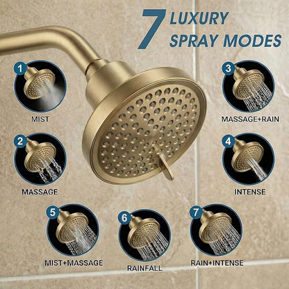 Fixed Shower Head ＆ Filter COMBO ! Anti - Chlorine Hard Water Filtered Shower Heads- 7 Sprays High Pressure Showerheads with 25 Stage Filtration (Brushed Gold)