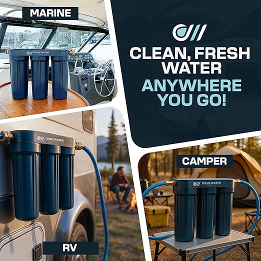 Stream RV Water Filter - Oasis Water Technologies Boat RV Filtration System - 3-Stage Camper Filtration for Iron, Heavy Metals, Sediment – Easy-to-Install Compact Filters for Boats, RVs - Made in USA