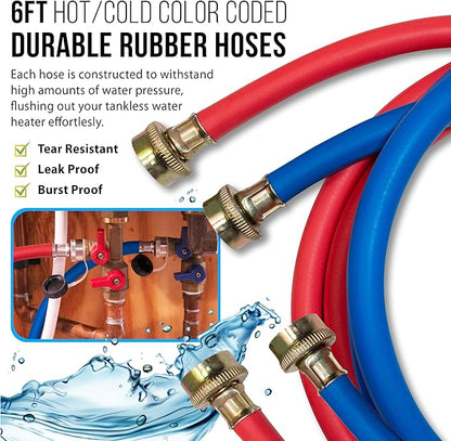 DrainX Tankless Water Heater Flushing Kit Includes Submersible Pump, Hoses, Liquid Descaler Solution, and Measuring Bucket