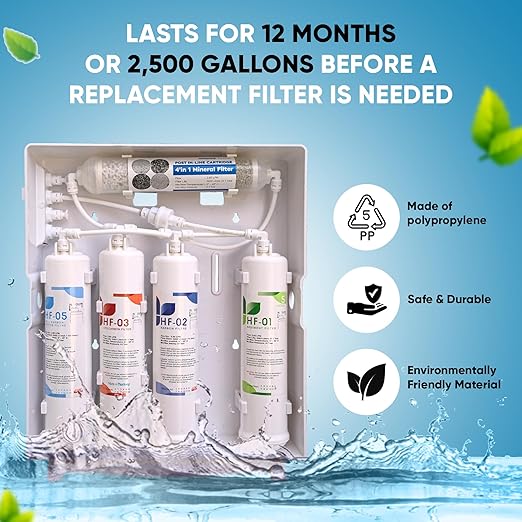 Tankless Slim Under-Counter Water Filter System 5-Stage Filtration Removes Odor & Chlorine, Includes Chrome Faucet - Ideal for Under Sink, Refrigerators, Coffee & Ice Makers