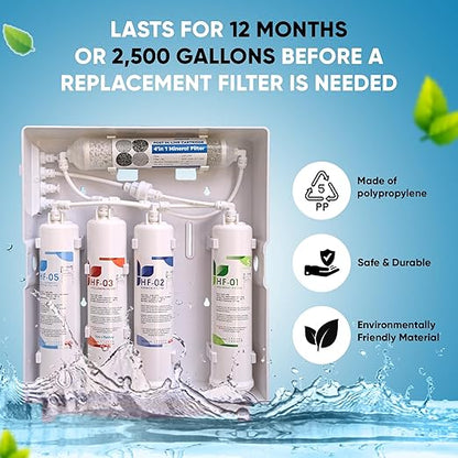 Tankless Slim Under-Counter Water Filter System 5-Stage Filtration Removes Odor & Chlorine, Includes Chrome Faucet - Ideal for Under Sink, Refrigerators, Coffee & Ice Makers