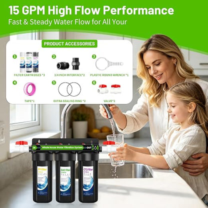 Whole House Water Filter System, 3 Stage Home Water Filter System for Well Water City Water, Includes 3 Sets Filters (2 Years use), 3/4” Port, Reduces Chlorine,Taste, Sediment for Cleaner Water