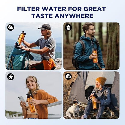 Membrane Solutions C3 Filtered Water Bottle, 36oz BPA-Free Bottle with Replaceable ACF+UF Filter Cartridge, Portable Water Filter, Travel, Hiking & Camping for Drinking Water Anywhere(Orange)