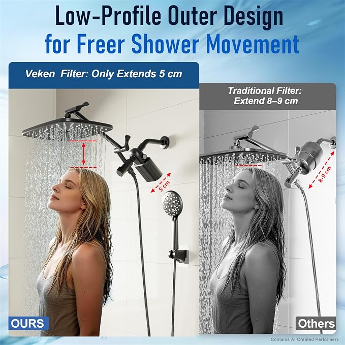 Veken Shower Filter to Reduce Chlorine, KDF Shower Head Filters with Activated Carbon and Calcium Sulfite for Filtered Shower Water, Filtro Para Ducha De Baño, One-Press Replacement, Matte Black