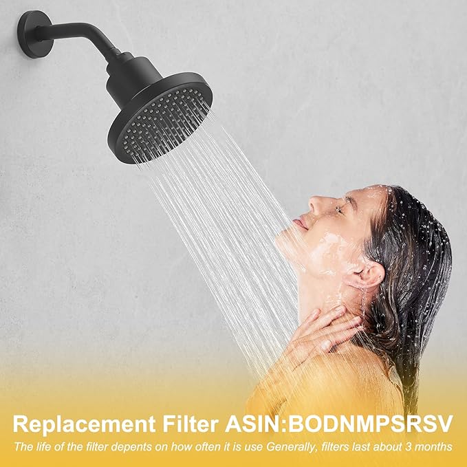 BESy High Output Shower Filter Filtered Shower Head Shower Water Softener with Hard Water Improves The Condition of Your Skin & Hair Round Matte Black