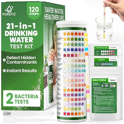 21-in-1 Drinking Water Test Kit – 120 Strips + 2 Bacteria Tests – Easy DIY Testing for Tap, Well & Spring Water – Tests Lead, Fluoride, Iron, Hardness, pH, Chlorine, Copper, Bacteria & More