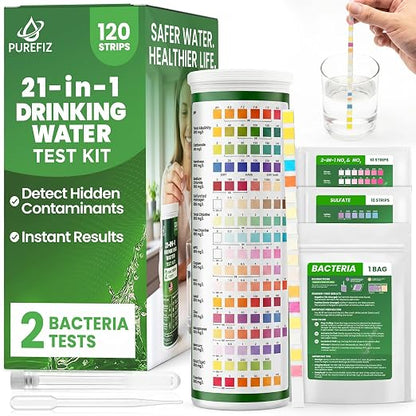 21-in-1 Drinking Water Test Kit – 120 Strips + 2 Bacteria Tests – Easy DIY Testing for Tap, Well & Spring Water – Tests Lead, Fluoride, Iron, Hardness, pH, Chlorine, Copper, Bacteria & More