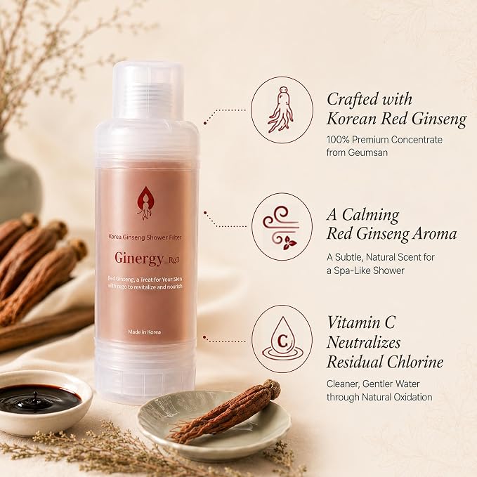 Rg3 Korean Red Ginseng Shower Filter Cartridge with Vitamin Gel, Showerhead Water Filter for Chlorine Reduction, Made in Korea