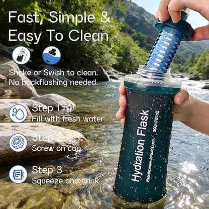 GUYI 1.0L Collapsible Water Filter Bottle, Removes Impurities, BPA Free, Ultralight for Hiking, Camping, Cycling & Travel-Dusty Blue