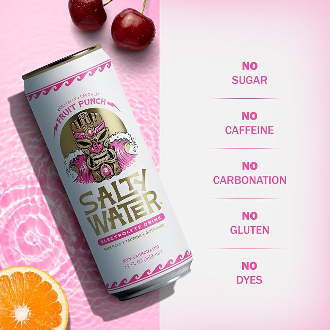 SaltyWater Electrolyte Drink, Fruit Punch – Zero Sugar Premium Hydration Drink, 10 Calories, Minerals, Taurine, B-Vitamins, Non-Carbonated - Zero Caffeine Electrolyte Sports Drink - Gluten Free - 12 Pack (12 oz)
