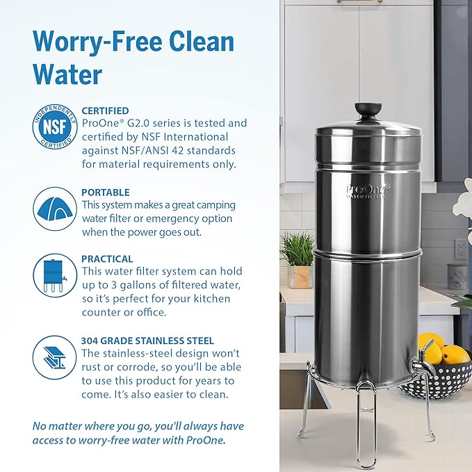 ProOne Big+ Gravity Water Filter System - High Capacity Countertop Stainless Steel Water Filter Dispenser - IAPMO Certified to Reduce Lead, Total PFAS, Microplastics, Chlorine Taste & Odor