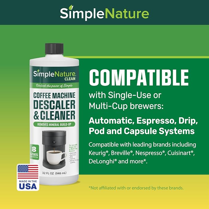 SimpleNature Coffee Descaler (32 fl oz) - Plant-Based Formula Removes Limescale & Buildup from Espresso, Drip, Pod & Single-Serve Machines | Improves Performance & Brew Quality