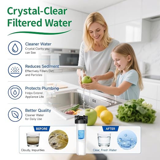 Whole House Water Filter Housing, Includes 1 Pack PP Sediment Filter, 20"x4.5" Transparent Housing with 1" NPT, 2 Valves, Reduces Sediment, Rust and Dirt, Pre-Filtration System for City & Well Water