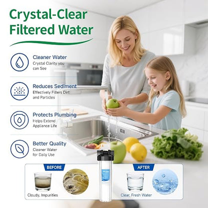Whole House Water Filter Housing, Includes 1 Pack PP Sediment Filter, 20"x4.5" Transparent Housing with 1" NPT, 2 Valves, Reduces Sediment, Rust and Dirt, Pre-Filtration System for City & Well Water