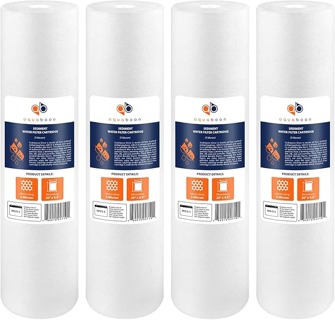 Aquaboon 5 Micron 20 x 4.5 Whole House Sediment Filter Cartridge 20 inch Water Filter Replacement Compatible with DGD-5005-20, FP25B, AP810-2, 4-Pack