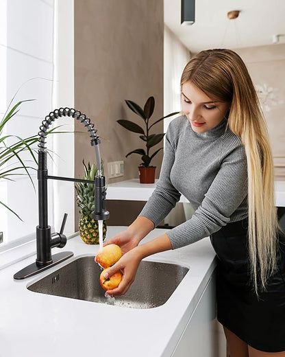 Kitchen Faucet with Pull Down Sprayer: Oil Rubbed Bronze 3-Function Kitchen Sink Faucets for 1 or 3 Hole - Stainless Steel Single Handle Spring Kitchen Faucets with Deck Plate for Farmhouse RV Laundry