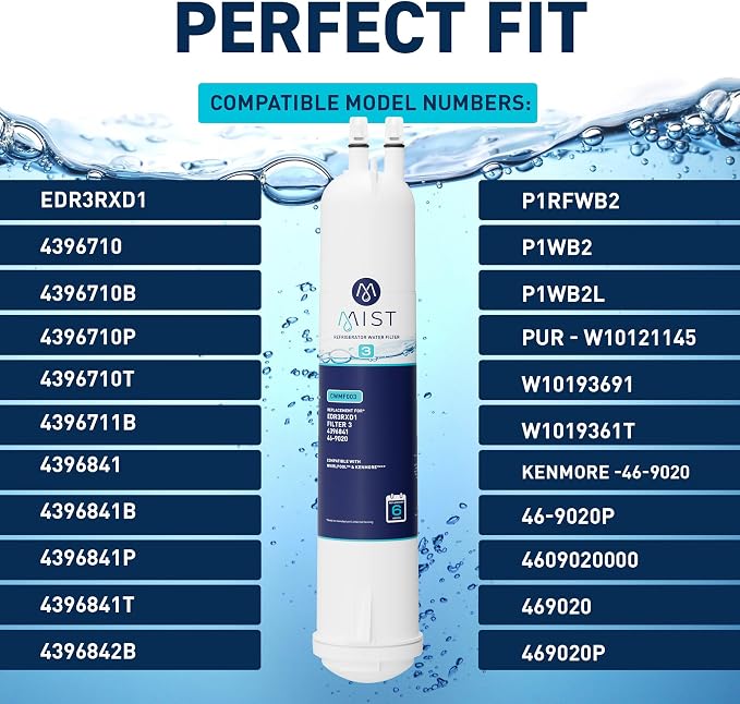 Mist EDR3RXD1 Refrigerator Water Filter Replacement for EveryDrop Filter 3, Whirlpool 4396841, 4396710, Kenmore 46-9030, 46-9083 – NSF 42 Certified – 2 Pack
