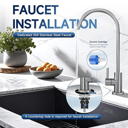 AQUALTRA USF-2F-15 Slightly Alkaline Under Sink Filter System, 28K Gal with Faucet, Reduce PFOA, PFOS, Chlorine, Lead, Mercury, Chloramine, Fluoride, Microplastics Particles, Bad Taste & Odor