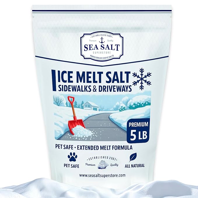 Sea Salt Natural Ice & Snow Melt - Pet & Kid Safe Safety Deicing Salt - 5 LBS Bag Covers 1250 SQ FT - No Chemicals - 100% Natural - Pacific Northwest - Waterproof Pouch