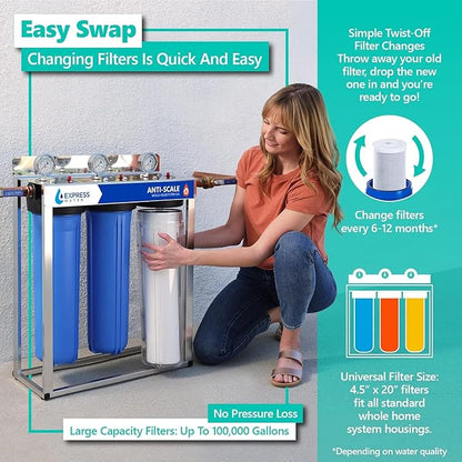 Express Water Whole House Water Filter Set for Anti Scale – 3 Stage Filtration Water Conditioner Replacement Kit – Sediment, Carbon Block, Polyphosphate High Capacity Cartridge – 4.5” x 20” inch