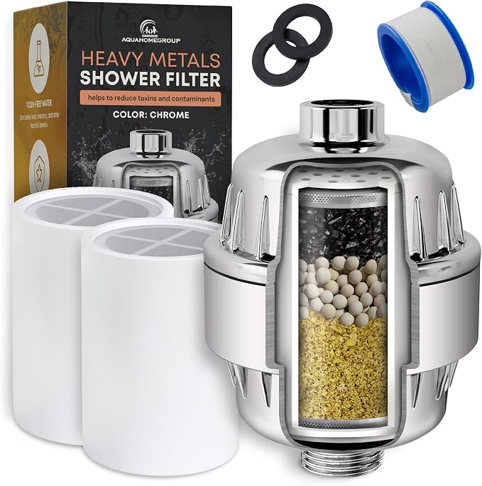 AquaHomeGroup Heavy Metals Shower Filter (1 Cartridge Included) – Reduces Impurities – 4-Stage High-Pressure Filtration with KDF 55, Zeolite & Activated Carbon – Universal Fit