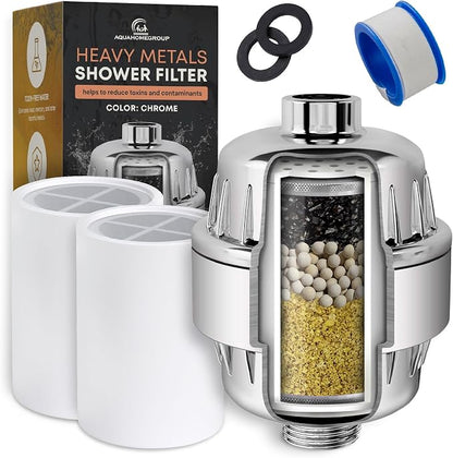 AquaHomeGroup Heavy Metals Shower Filter (1 Cartridge Included) – Reduces Impurities – 4-Stage High-Pressure Filtration with KDF 55, Zeolite & Activated Carbon – Universal Fit