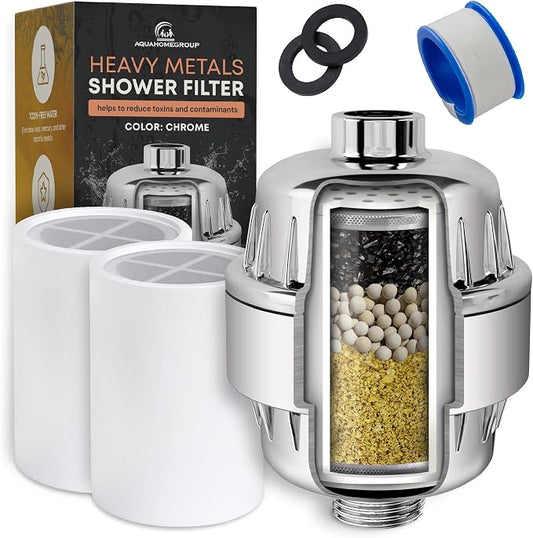 AquaHomeGroup Heavy Metals Shower Filter (1 Cartridge Included) – Reduces Impurities – 4-Stage High-Pressure Filtration with KDF 55, Zeolite & Activated Carbon – Universal Fit