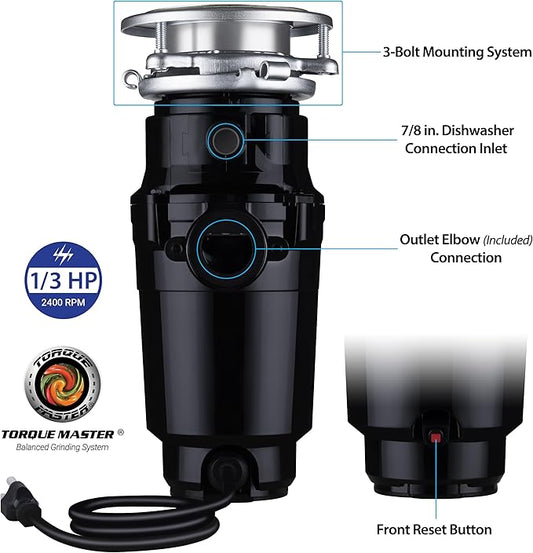 Waste Maid 10-US-WM-048-3B Garbage Disposal Anti-Jam Stainless Steel Food Waste Grinding System, 1/3 HP Compact, Black