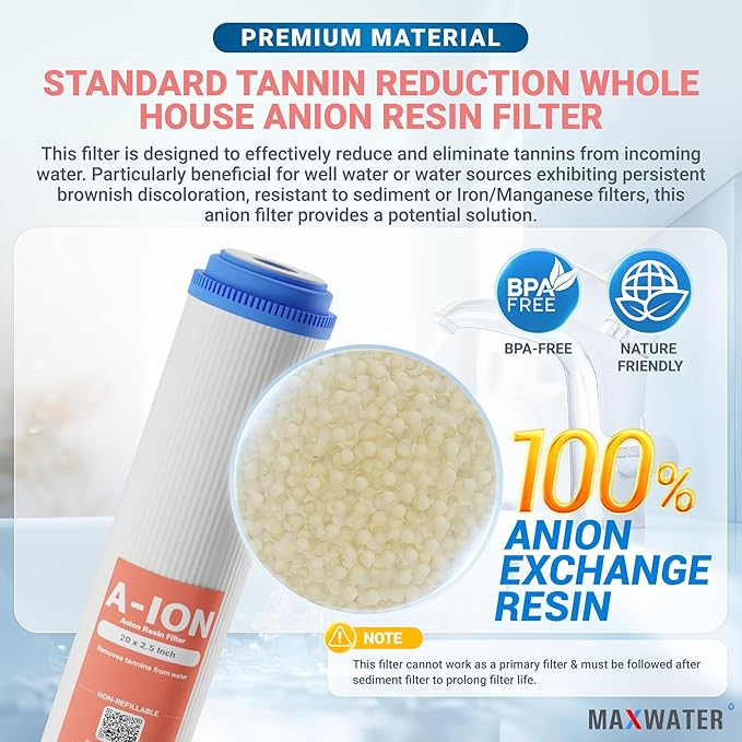 Max Water Slim Blue 20" x 2.5" Whole House Tannin Reduction Water Resin (for Tannins Only) Replacement Anion Filter Compatible with 20" Slim Blue Whole House Systems