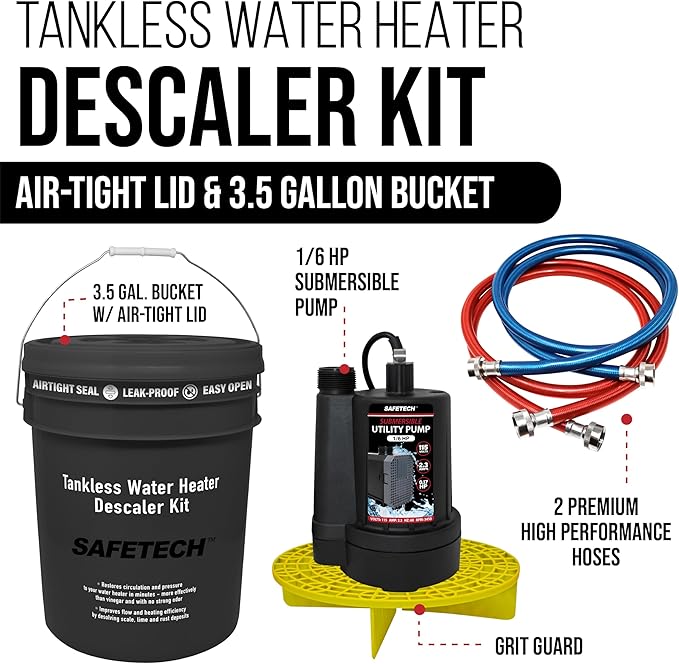 Safetech Tankless Water Heater Flushing Kit with Screw-Top Lid, Premium Hoses, 1/6 HP Utility Pump, and Pump Grate - Just Add Vinegar