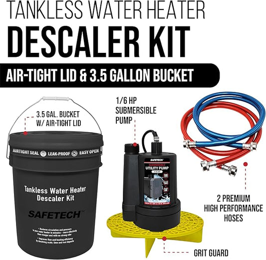 Safetech Tankless Water Heater Flushing Kit with Screw-Top Lid, Premium Hoses, 1/6 HP Utility Pump, and Pump Grate - Just Add Vinegar