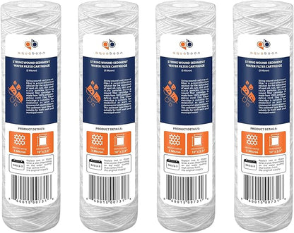 Aquaboon Whole House 5 Micron 10 x 2.5 String Wound Sediment Water Filter Cartridge Replacement Compatible with Well Water Filter WHKF-WHSW, 4-Pack