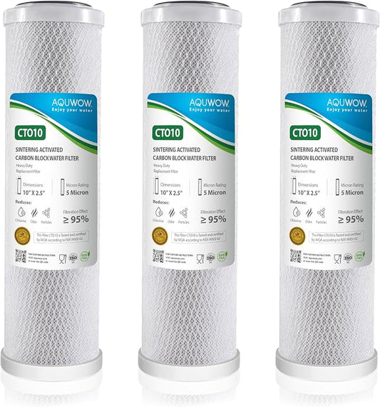 CTO10 5 Micron 2.5" x 10" Carbon Block Water Filter Set – Replacement Cartridges for Whole House and Under Sink Systems, Universal Standard Size (3, 10 x 2.5)