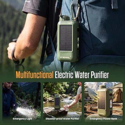 ITEHIL Portable Electric Water Filter, 0.01 Micron Camping Water Purifier with Solar, Outdoor Water Purification System for Camping, Hiking, Emergency & Survival