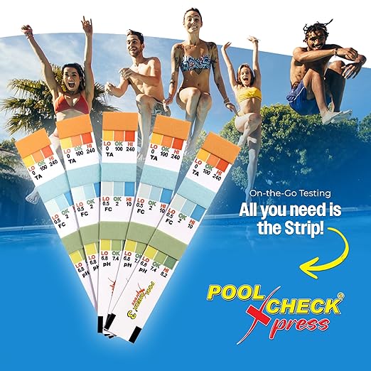 Pool Check Xpress 3-Way Test Strip 482030 – Award Winning - Built-in-Color-Chart on The Strip – No Color Chat Needed - Water Testing for Total Alkalinity, pH, and Free Chlorine in Pool and Spas