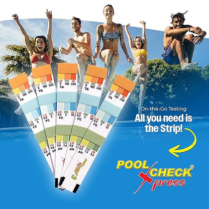 Pool Check Xpress 3-Way Test Strip 482030 – Award Winning - Built-in-Color-Chart on The Strip – No Color Chat Needed - Water Testing for Total Alkalinity, pH, and Free Chlorine in Pool and Spas