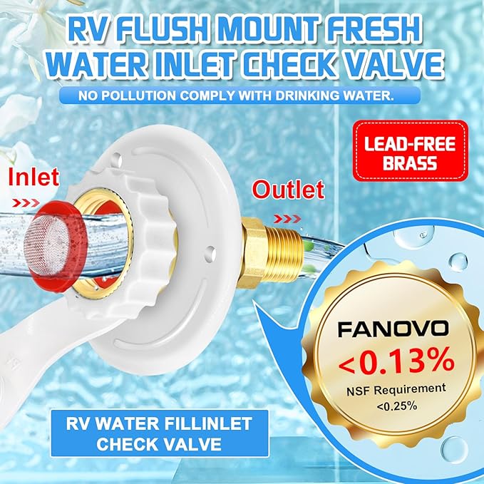 FANOVO RV City Water Inlet,RV Water Inlet Replacement with 3/4 NH Female to 1/2 NPT Male,RV City Water Inlet with Check Valve for RV Marine Camper Motorhome Trailer