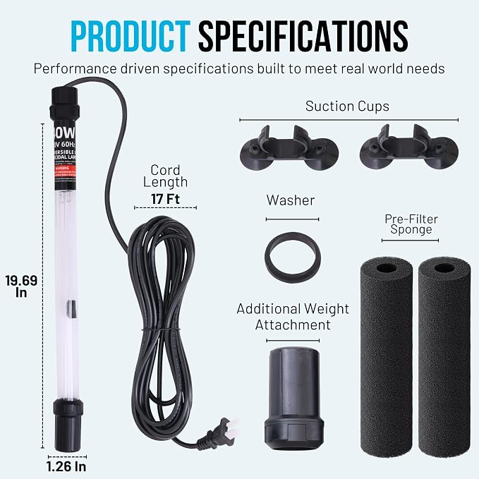 40W UV Water Clarifier with 17ft Cable for 300-3000 Gallon Aquariums, Ponds & Pools - Professional UV Clarifier for Green Water Control in Koi Ponds, Fish Tanks, Spas & Cold Plunge