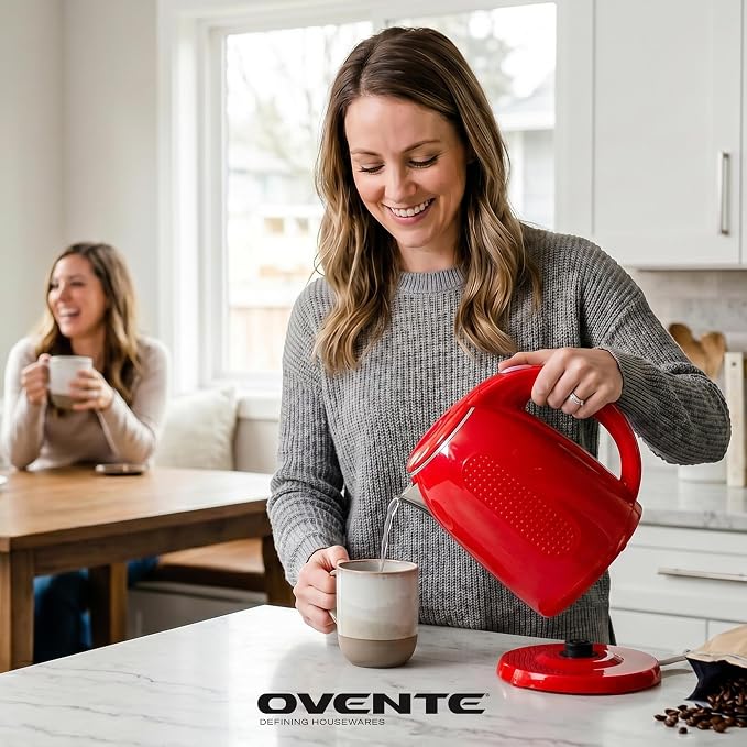 OVENTE 1.7L Double Wall Electric Tea Kettle, 1100W Water Boiler and Heater with Cool-Touch Exterior, Stainless Steel Insulated Interior, Auto Shut-Off, Boil-Dry Protection & Locking Lid, Red KD64R
