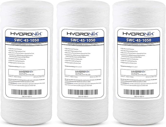 Hydronix HX-SWC-45-1005/3 Universal Whole House Sediment String Wound Water Filter Cartridge 4.5 inch x 10 inch - 5 micron - 3 Pack, White