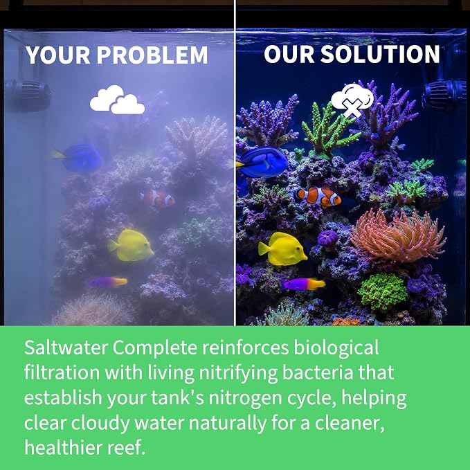 Saltwater Complete – Live Nitrifying Bacteria Blend for Saltwater & Reef Aquariums - Instant Cycle Marine Tank Starter - Removes Ammonia Nitrite - Clarifier - Safe for Fish Coral Invertebrates - 12oz